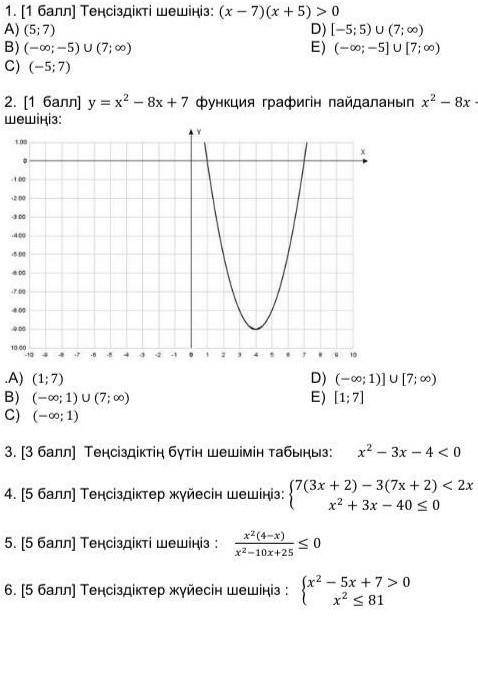 Алгебра 8 класс Вариант II 1. ( ) Решите неравенство: (x - 7) (x + 5)> 0 A) (5: 7) D) [-5; 5) u (