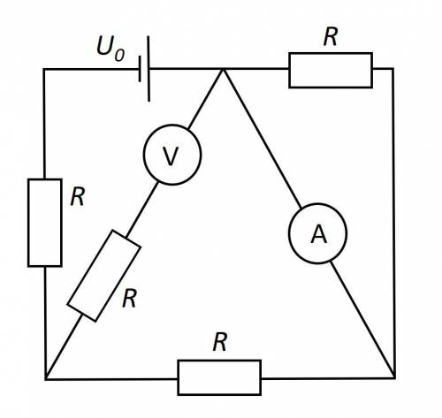 Цепь состоит из идеального источника с напряжением U0=4 В и четырех одинаковых резисторов сопротивле