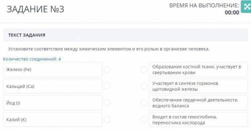 Установите соответствие между химическим элементом и его ролью в организме человека.