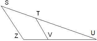 Известно, что ΔTVU подобен ΔSZU и коэффициент подобия k= 0,4. 1. Если US= 42, то UT= . 2. Если TV=