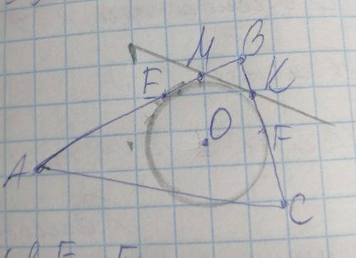 5. В треугольник АВС вписана окружность, которая касается сторон АВ и ВС в точках и F. Касательная М