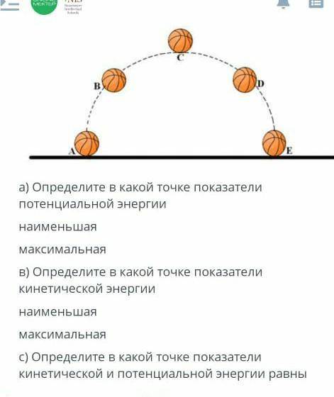 На рисунке изображено траектория летящего мяча А- момент бросания, В –половина пути летящего верх мя