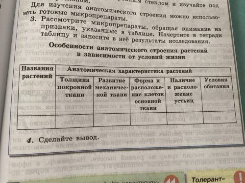 заполнить таблицу: «Особенности анатомического строения растений в зависимости от условий жизни». Же