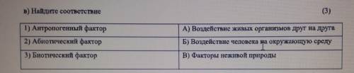 (3) в) Найдите соответствие1) Антропогенный факторA) Воздействие живых организмов друг на друга2) Аб