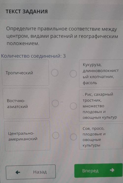 Определите правильное соответствие между центром видами растений и географическим положением​