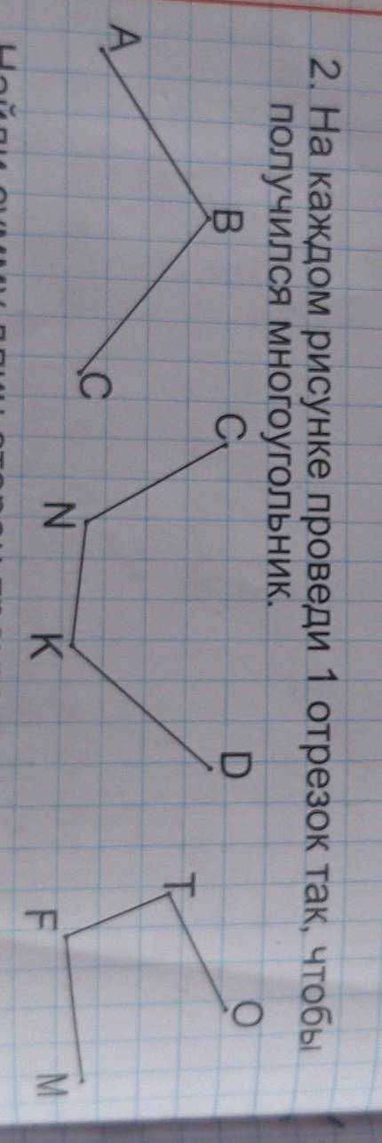 2. На каждом рисунке проведи 1 отрезок так, чтобы получился многоугольник.ОDB.CĄ,C СNKНайди сумму дл