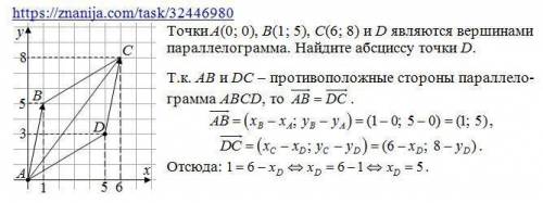 Точки А(0;0),B(1;5),C(6;8) и D являются вершинами параллелограмма.Найдите абциссу точки D