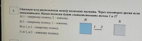 6. Стальную иглу расположили между полюсами магнита. Через некоторое время игланамагнитилась. Каким