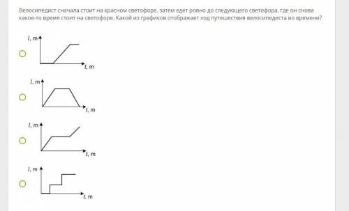 Велосипедист сначала стоит на красном светофоре, затем едет ровно до следующего светофора, где он сн