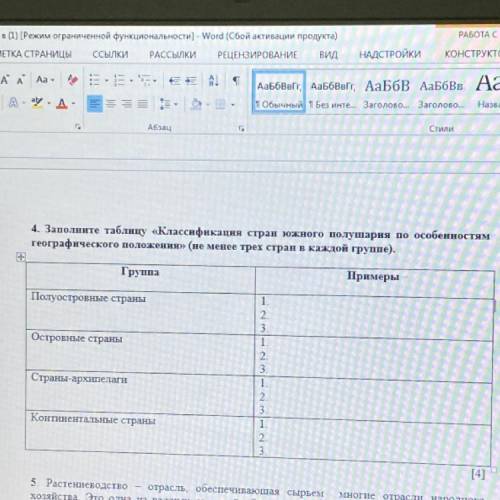 4. Заполните таблицу «Классификация стран южного полушария по особенностям географического положения