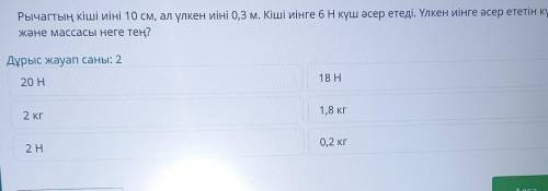 Рычагтың кіші иіні 10 см, ал үлкен иіні 0,3 м. Кіші иінге 6Н күш әсер етеді. Үлкен иінге әсер және м