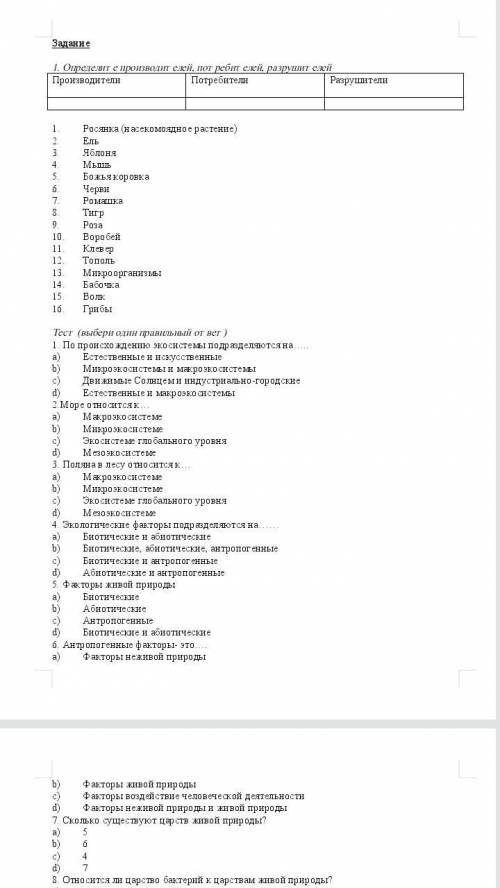 1. Определите производителей, потребителей, разрушителей Производители Потребители Разрушители Рося