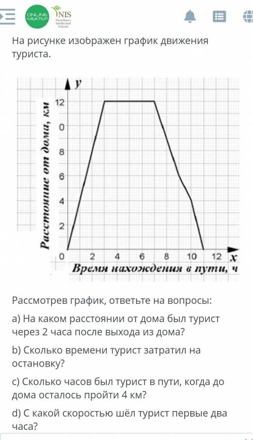 ТЕКСТ ЗАДАНИЯ На рисунке изображен график движения туриста.￼Рассмотрев график, ответьте на вопросы:a