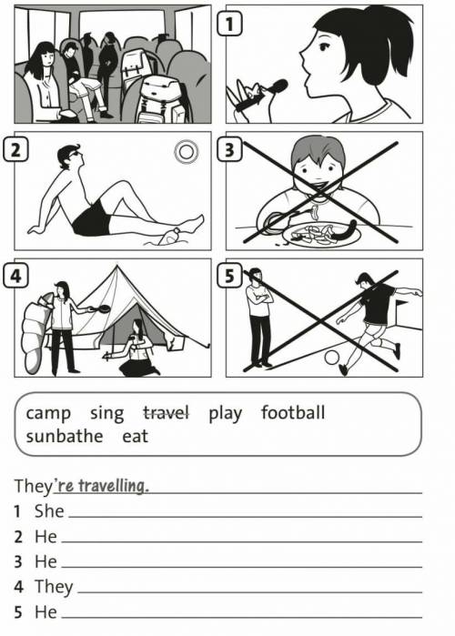 Look at the pictures and the ideas in the box. Then complete the sentences.123415camp sing travel pl