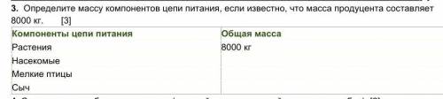 Определите массу компонентов цепи питания,если известно,что масса продуцента составляет 8000 кг​