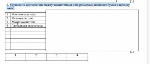 сочь Установите соответствие между экосистемами и их размерами (впишите буквы в таблицу ниже)