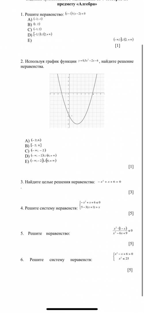 1. Решите неравенство: A) B) C) D) E) ​​​​​​​​​​ [1] 2. Используя график функции , найдите решение н