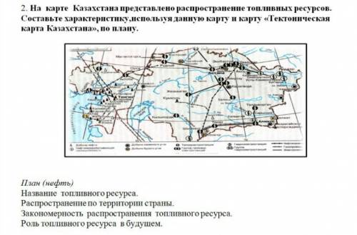 На карте Казахстана представлено распространение топливных ресурсов. Составьте характеристику, испол