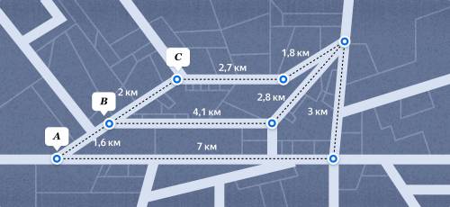 Рассмотри рисунок. Определи самый короткий путь объезда. Для поездки из пункта А в пункт C навигатор