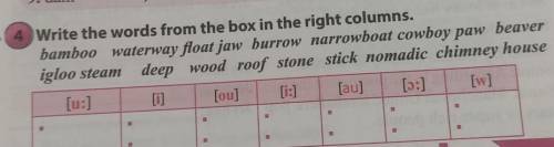 4 Write the words from the box in the right columns. bamboo waterway float jaw burrow narrowboat cow