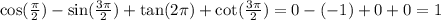 \cos( \frac{\pi}{2} ) - \sin( \frac{3\pi}{2} ) + \tan(2\pi) + \cot( \frac{3\pi}{2} ) = 0 - ( - 1) + 0 + 0 = 1