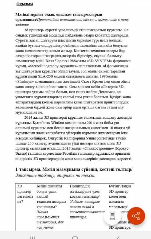 1-тапсырма. Мәтін мазмұнына сүйеніп, кестені толтыр Заполните таблицу, опираясь на текс т. Бейне шын