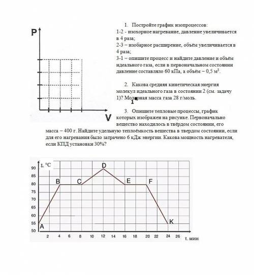 нужны ответы на вопросы. 1. Постройте график изопроцессов: 1-2 - изохорное нагревание, давление увел