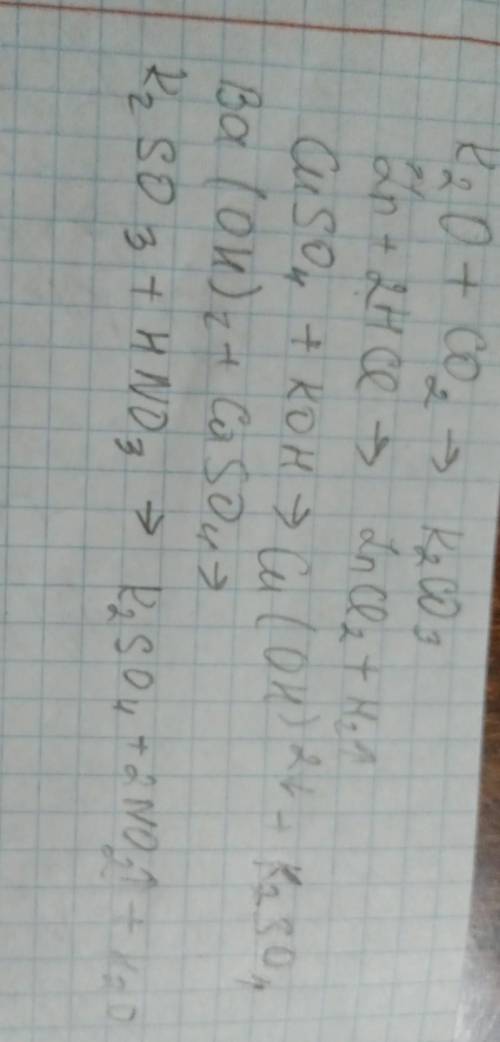 Закончите реакции: a)K2O + CO2 → b)Zn + HCl → c)CuSO4 + KOH → d)Ba(OH)2 + CaSO4 → t)K2SO3 + HNO3 → б