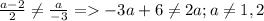 \frac{a-2}{2} \neq \frac{a}{-3} = -3a+6\neq 2a ; a\neq 1,2