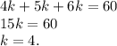 4k + 5k + 6k = 60 \\ 15k = 60 \\ k = 4.