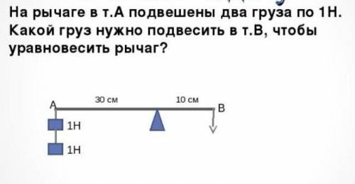 На рычаге в т.А подвешены два груза по 1H. Какой груз нужно подвесить в т.В, чтобы уравновесить рыча