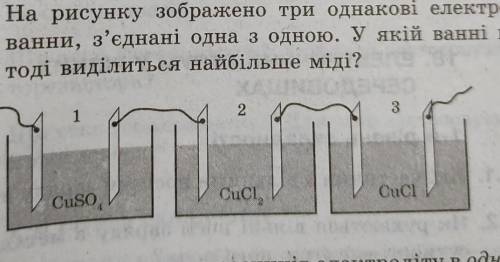 На рисунку зображено три однакові електролізні ванни, з'єднані одна з одною. У якій ванні на ка-тоді