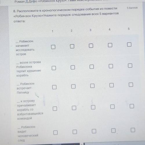 8. Расположите в хронологическом порядке события из повести«Робинзон Крузо» Укажите порядок следован