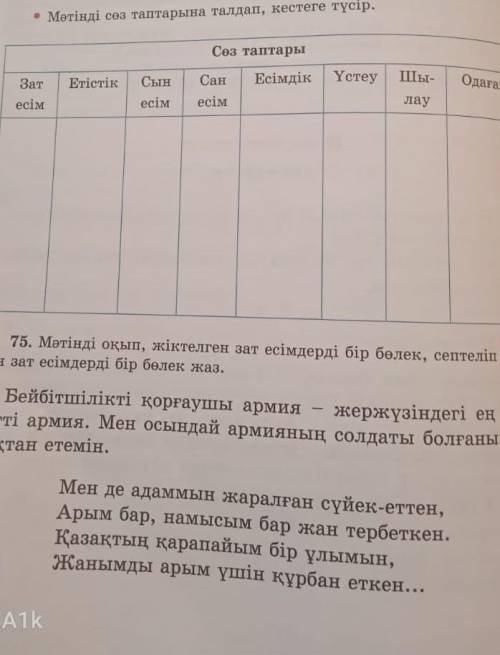 74.мәтінді сөз таптарына талдап,кестеге түсір​