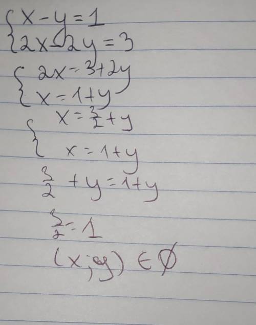 Решите уровнение путем сложения x-y=1 и 2x-2y=3