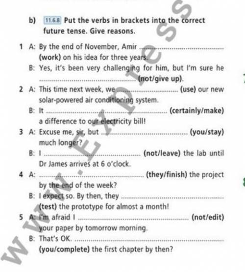 Put the verbs in brackets into the correct future tense. Give reasons. 1 A: By the end of November,