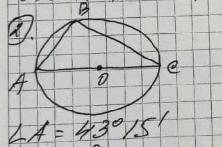 Дан прямоугольный треугольник ABC, вписанный в окружность угол A=43 градуса 15' Найти угол C