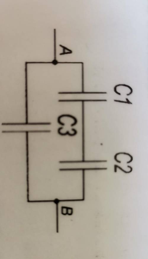 . Три кондесатора з'єднані за схемою: Напруга, підведене до точок AiB, дорівнює 250 В, С=1,5мкФ,С=3м
