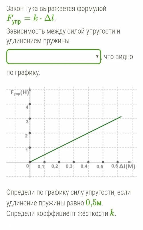 Определи по графику силу упругости, если удлинение пружины равно 0,5м. Определи коэффициент жёсткост