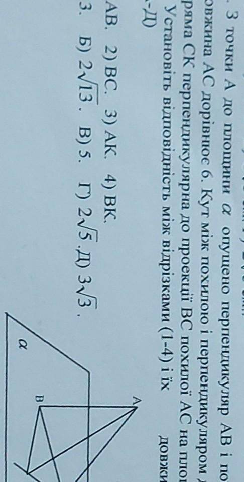 з точка А до площини а опущено перпендикуляр АВ і похилі АС і АК, довжина АС=6. кут між похилою і пе