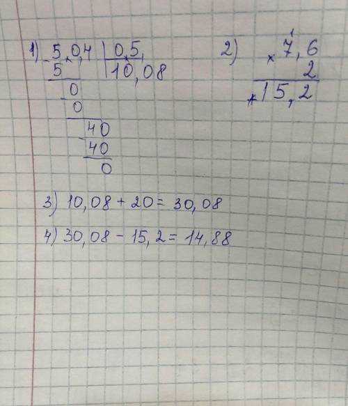 Посчитайте по действиям... 5,04:0.5+20-7.6*2