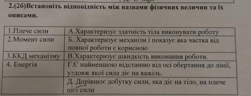 1.Глече сили А.Характеризує здатність тіла виконувати роботу2.Момент сили Б. Характеризує механізм і