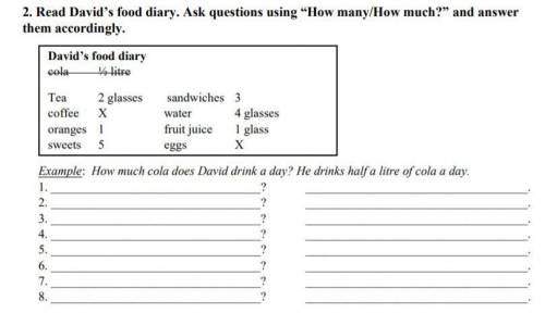 Read David’s food diary. Ask questions using “How many/How much?” and answer them accordingly