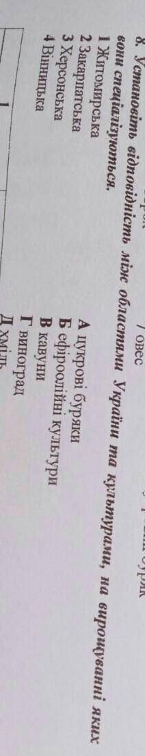 До іть,будь ласка,установіть відповідності між областями україни та культурами на вирощуванні яких в