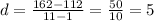 d=\frac{162-112}{11-1} =\frac{50}{10}=5