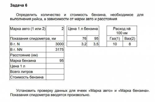 Работа в Microsoft Excel Определить количество и стоимость бензина, необходимое для выполнения рейса