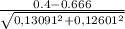 \frac{0.4 - 0.666}{\sqrt{0,13091^{2} + 0,12601^{2} } } \\