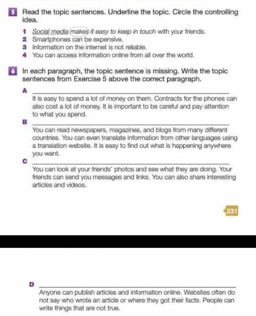 Ex. 6 P. 231 Write the topic sentences from Ex. 5 above the correct paragraph.​