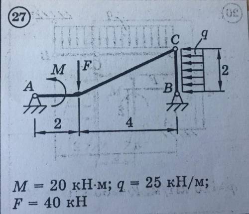 решить задачу по теоретической механнике на статику. М = 20 кН*м, q = 25кH/м, F = 40 кН