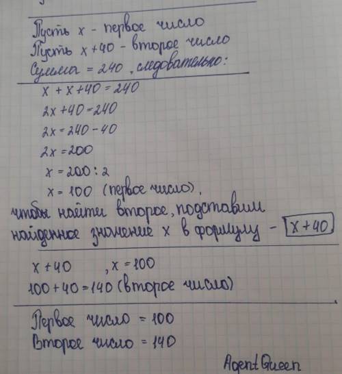 Одно число больше другого на 40 .Их сумма равна 240 .Найдите эти числа​